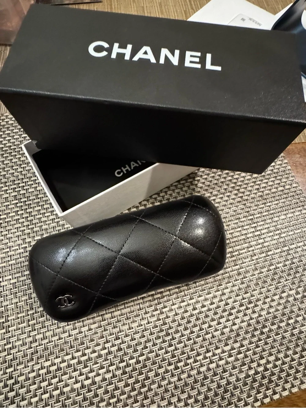 CHANEL Black Quilted Leather Sunglasses Case with Silver CC